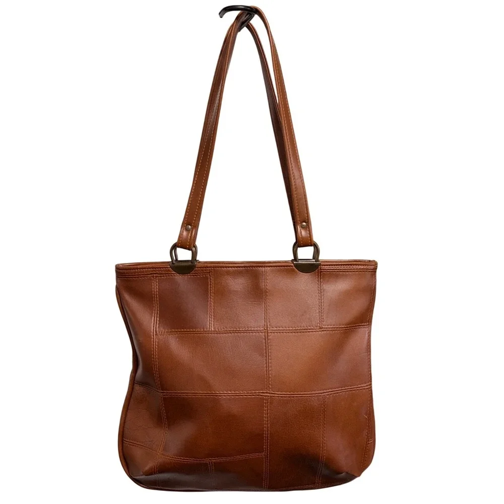Vintage Patchwork Vegan Leather‎ Tote Purse Bag Tan Retro Minimalist Boho